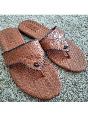 J.Jill Woven Brown Leather Sandals Thong Womens 9 LEATHER Boho India J JILL